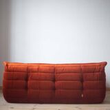 Amber corduroy Togo lounge chair with pouf and three-seat sofa by Michel Ducaroy for Ligne Roset, set of 3