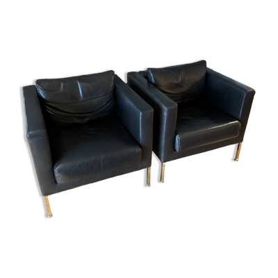 Paire de fauteuils en cuir noir modèle Box par Piero Lissoni pour Living Divan