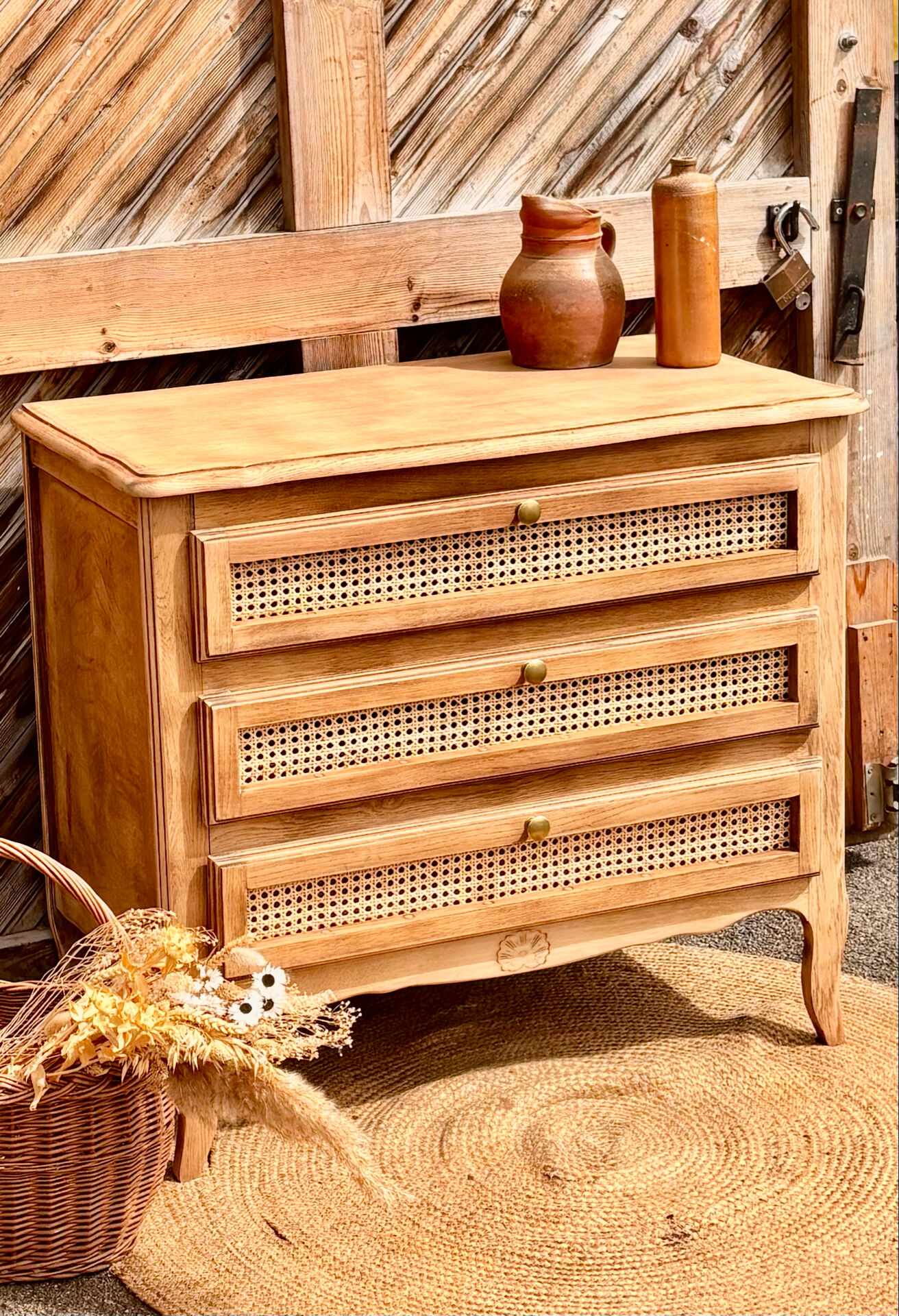Antique oak commode with cane work - 3 drawers