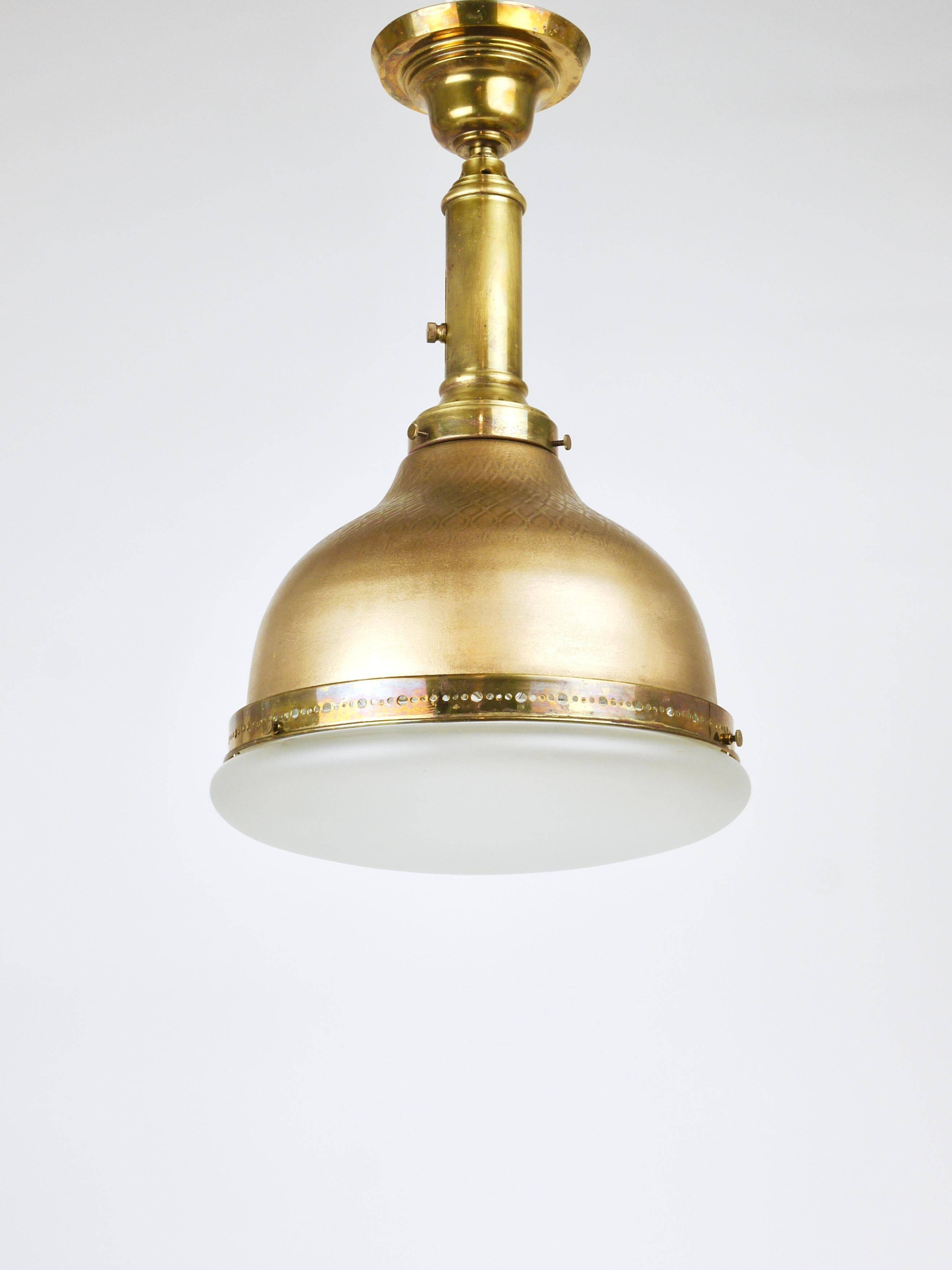 Art Nouveau pendant lamp in brass and glass from the 1920s, ceiling light, Jena, Germany.