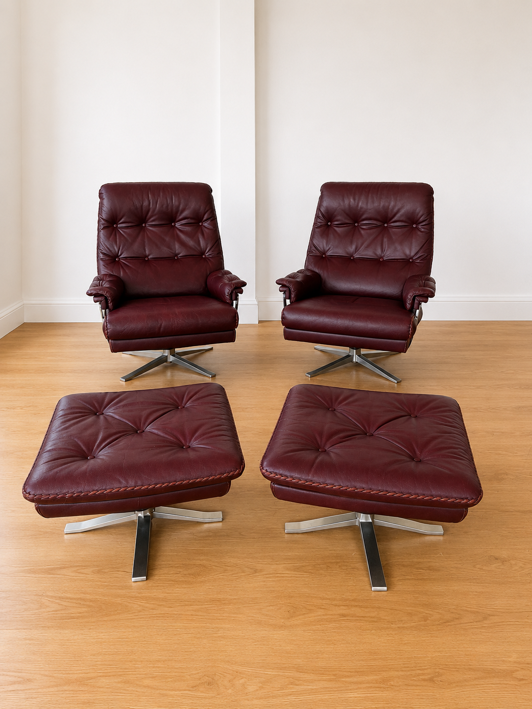 Vintage Swedish Arne Norell lounge chairs and matching stools 1970s