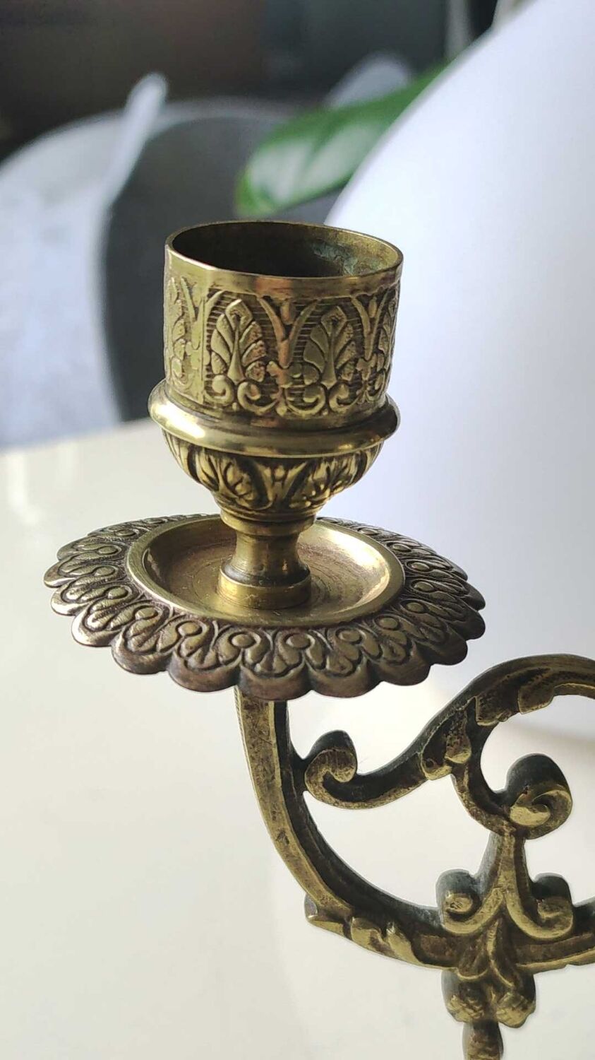 Altar candlestick with 2 branches, napoleon iii style, bronze patina old gold
