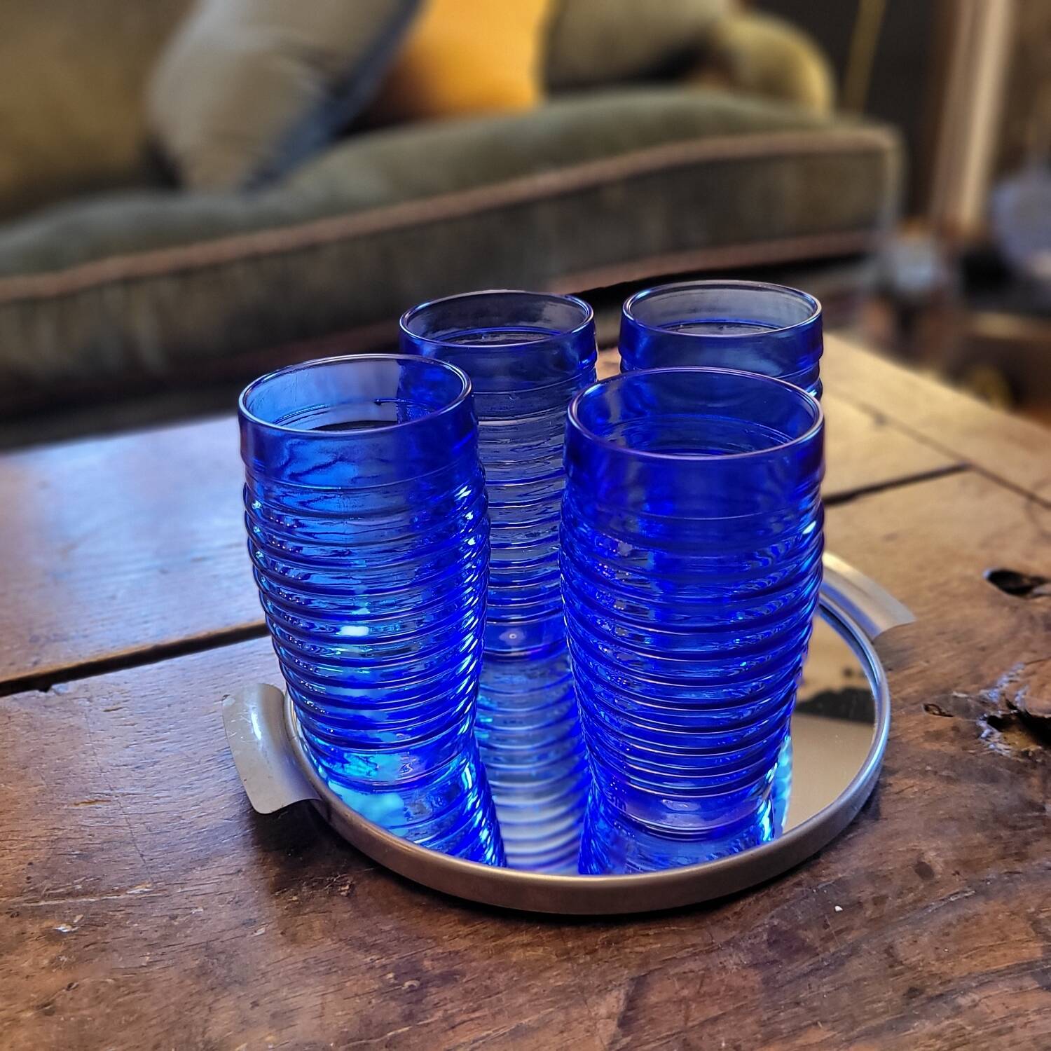 4 cobalt blue glasses – industrial moulded glass – 1970s