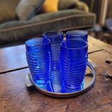 4 cobalt blue glasses – industrial moulded glass – 1970s