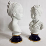 Porcelain biscuit busts by Camille Tharaud, children Louise and Alexandre Brongniart after Houdon