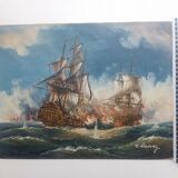 Painting battleship engaged in naval combat world war 2