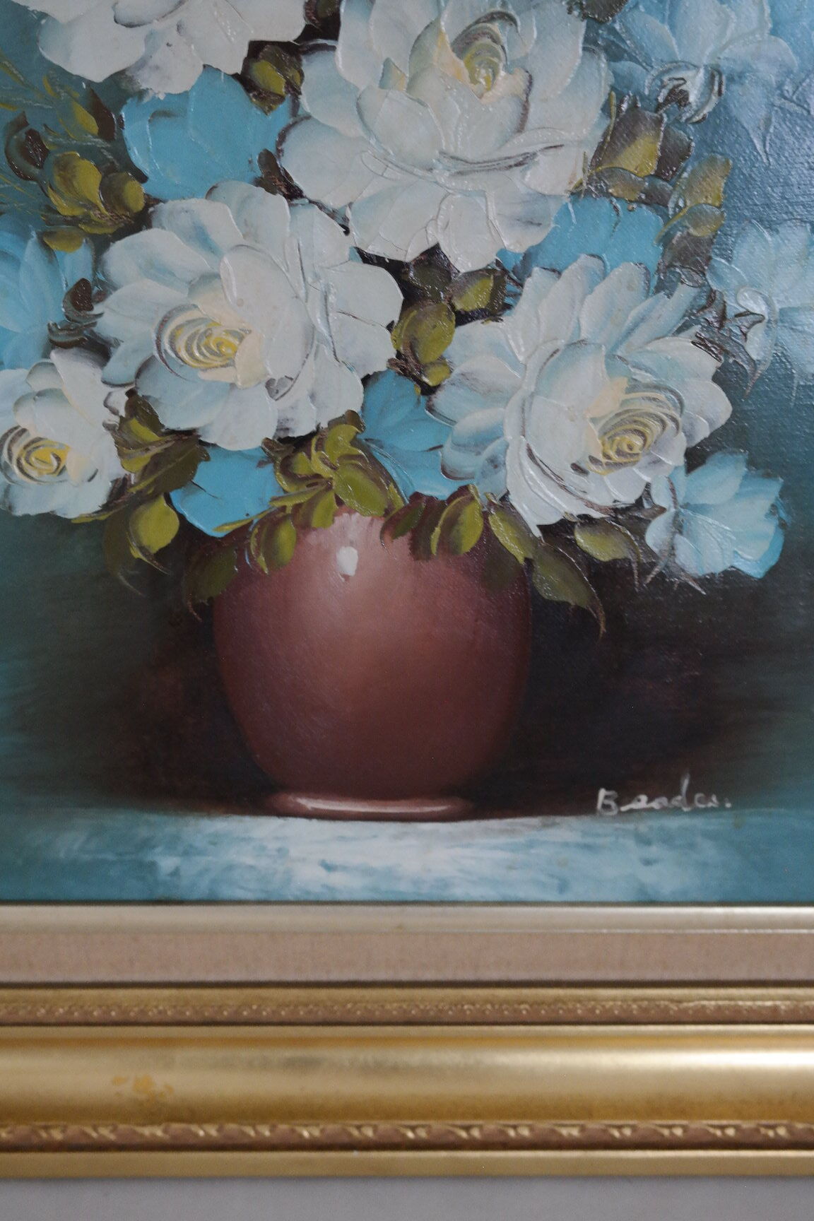 Tableau huile sur toile bouquet de fleurs ton bleu