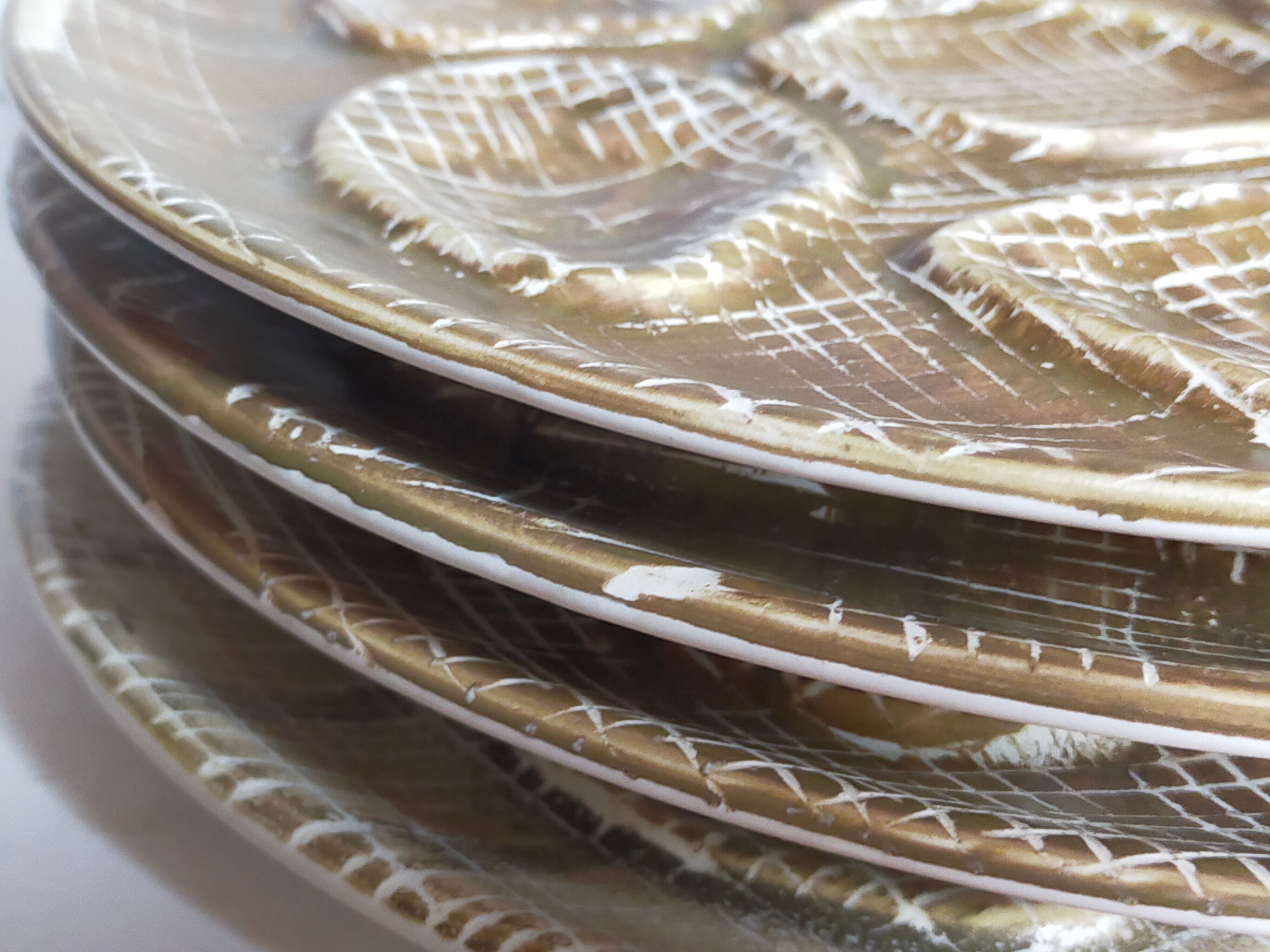 Six oyster plates earthenware with matte enamel, 50s