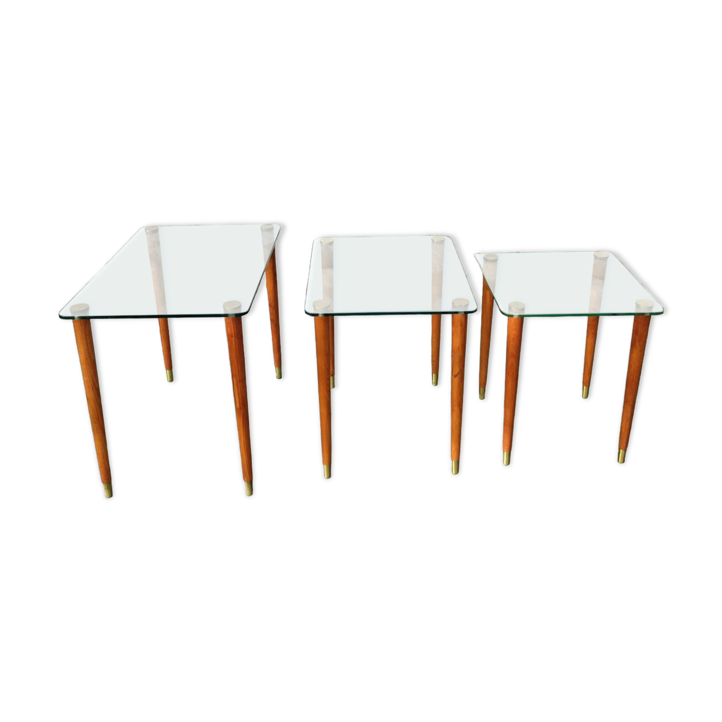 Nesting tables 50s in glass wood and brass