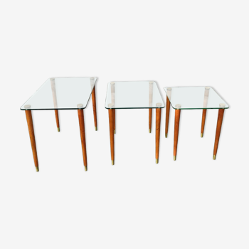 Nesting tables 50s in glass wood and brass