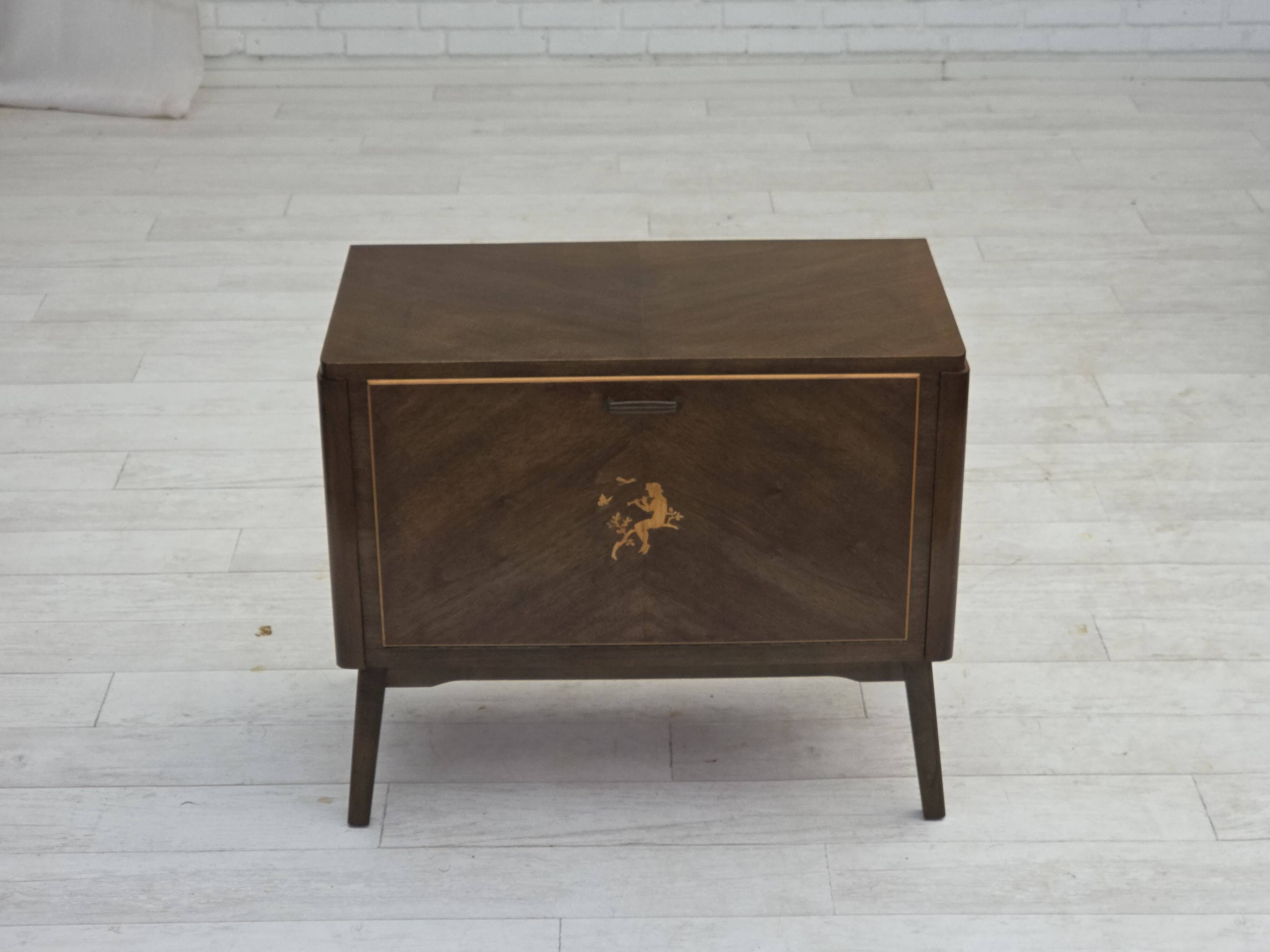 1960s, Danish radio/TV commode, laqered ash wood, wood marquetry door.