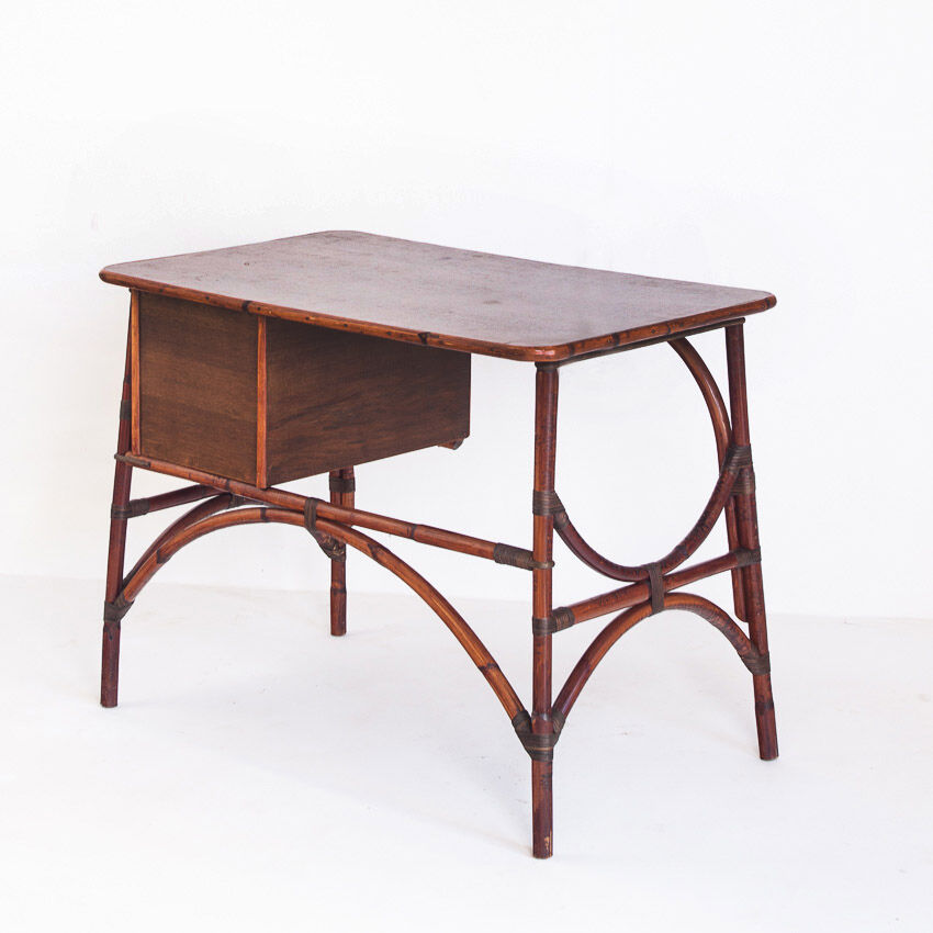 Bureau vintage en rotin et bois à tiroirs France années 1960