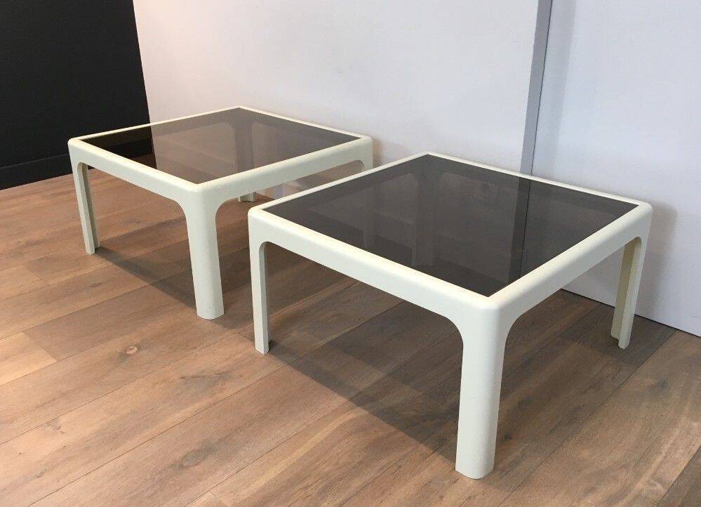 Pair of large white lacquered fiberglass side tables. Poschinger