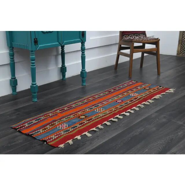Vintage Turkish Oushak Handmade Wool Cotton Red Runner Rug 53x171