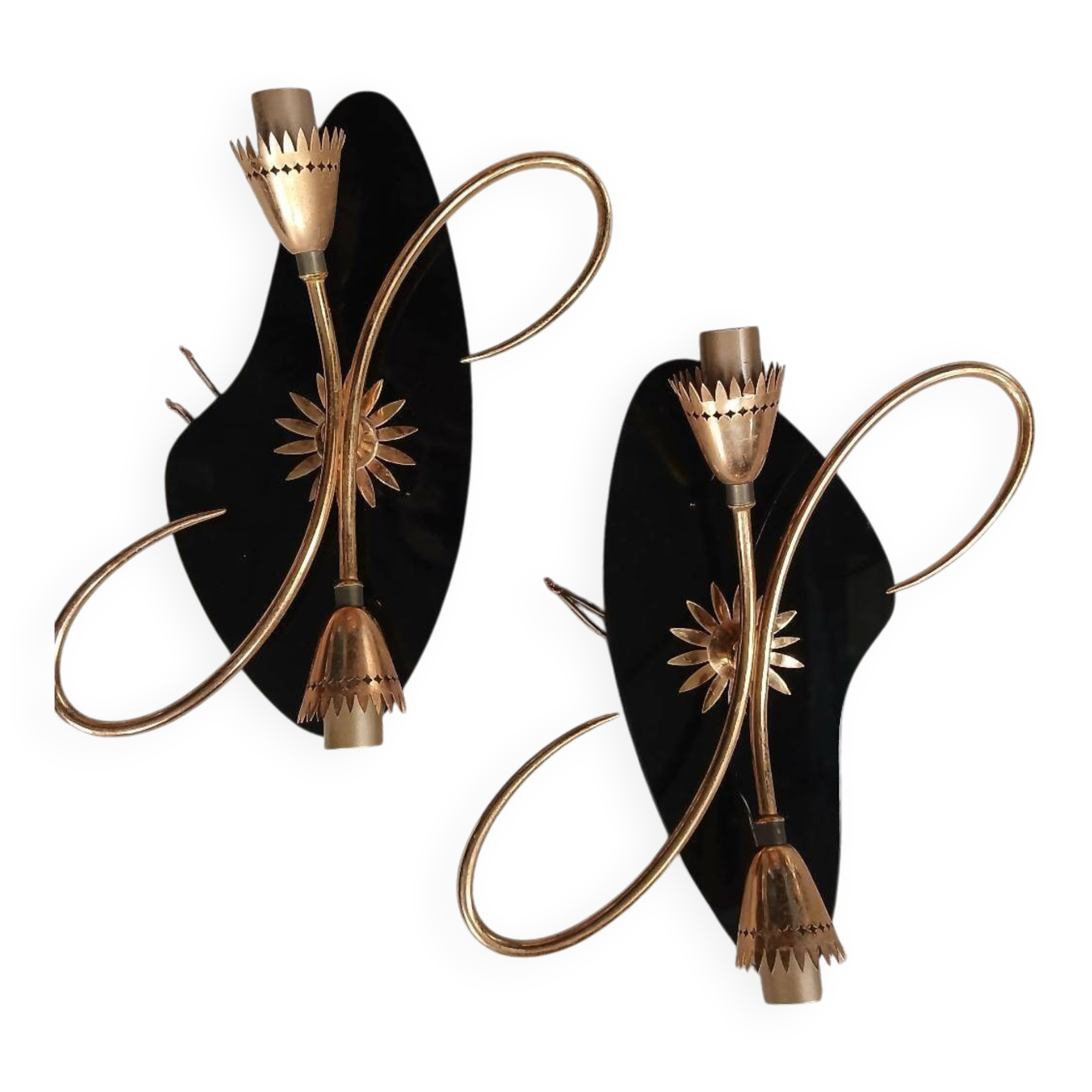 Vintage 1950s wall lights, black metal with gilded brass, 50s retro.