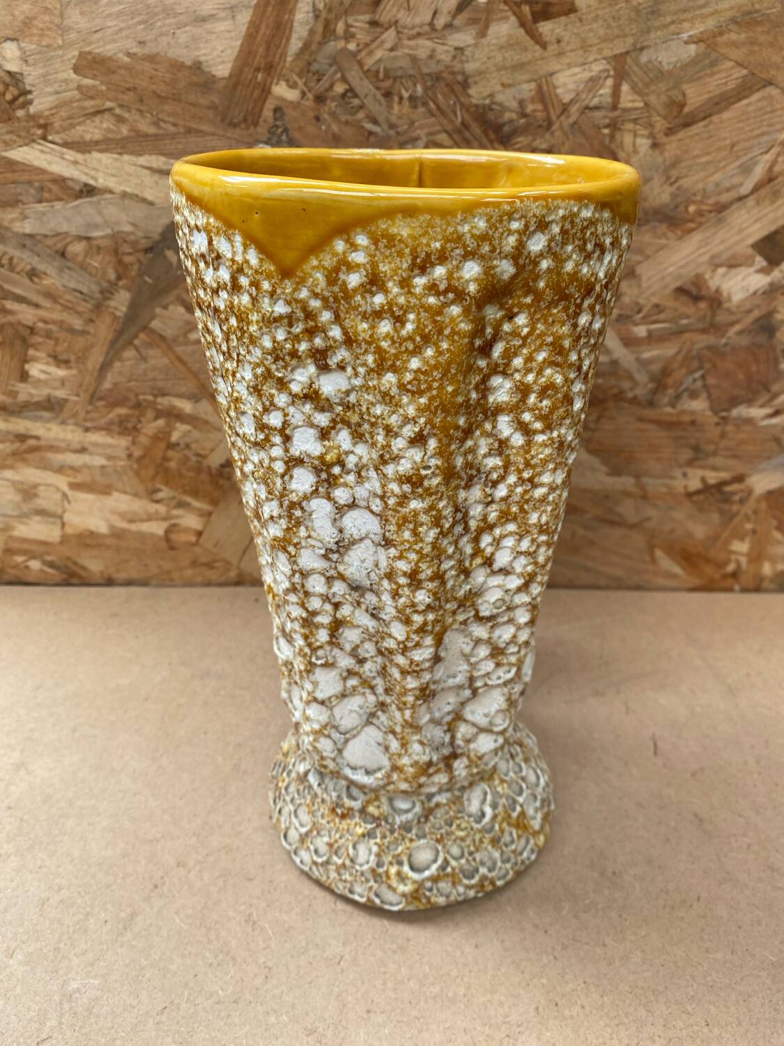 Antique vase pitcher vallauris fat lava ceramic yellow white foam #b479