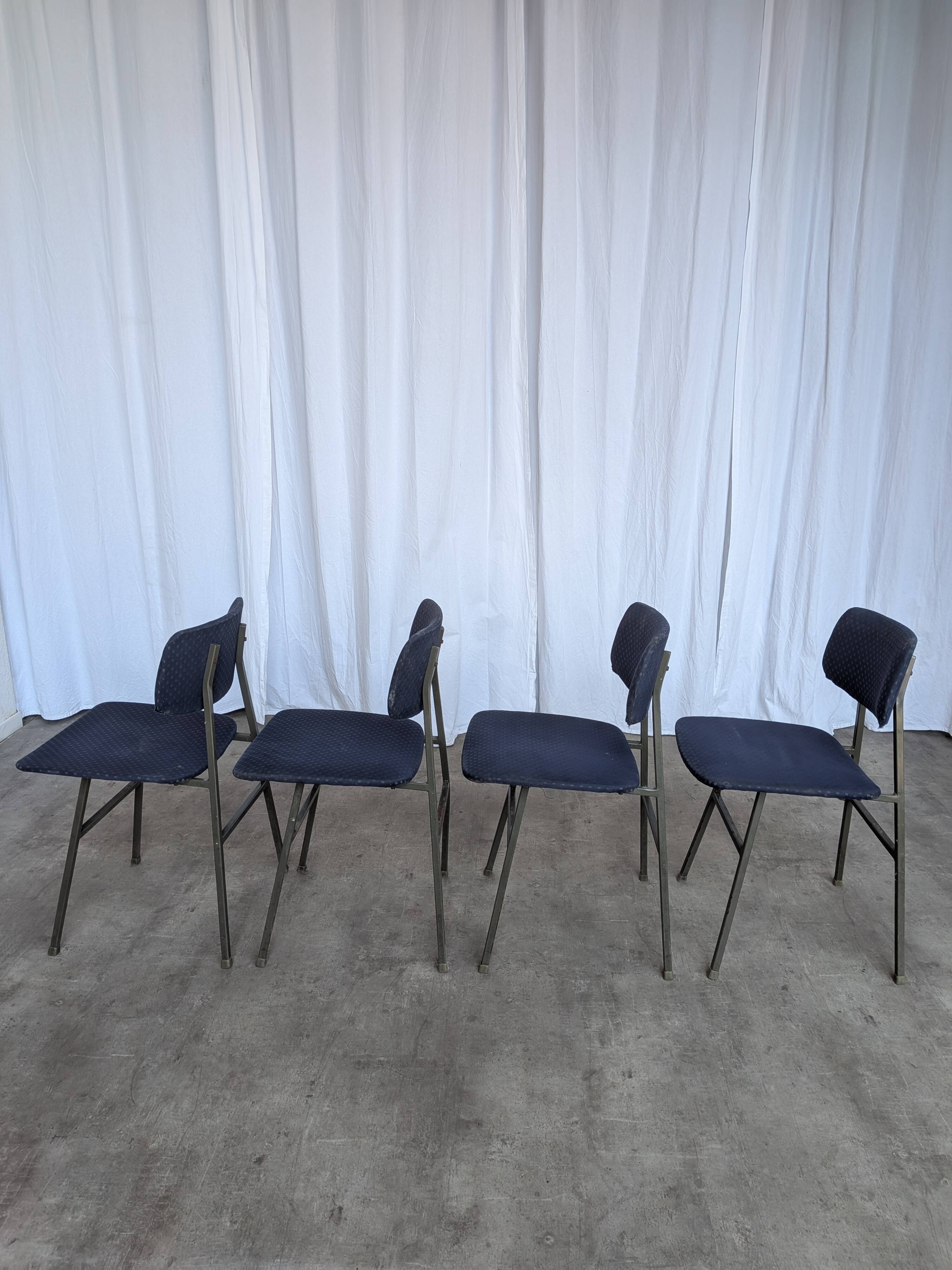 Set of 4 Vintage Stol Kamnik School Chairs Blue Upholstered Retro Dining Ch