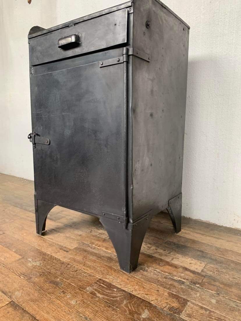 Old Industrial workshop furniture with 1 door 1 drawer in patinated iron