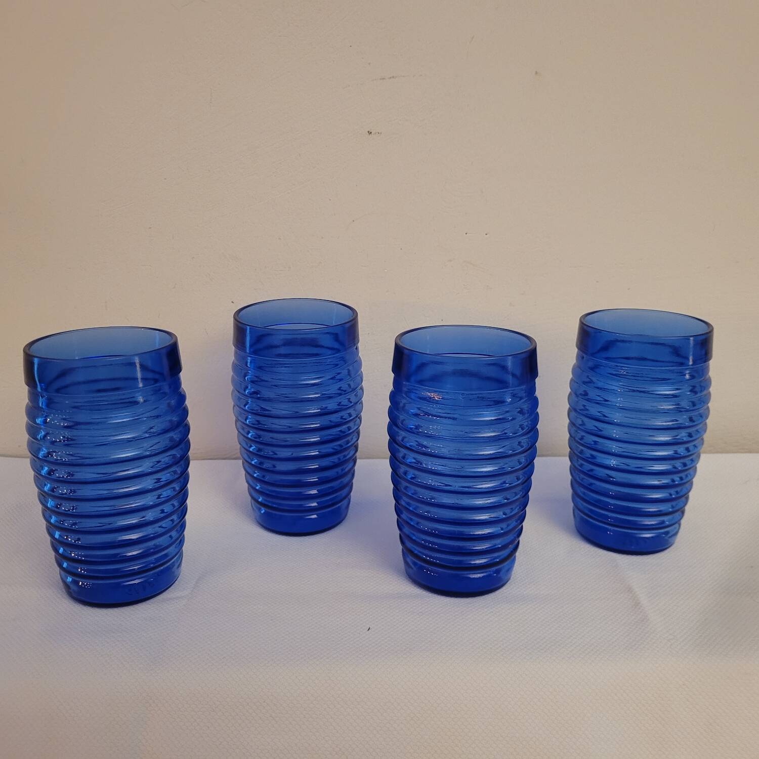 4 cobalt blue glasses – industrial moulded glass – 1970s