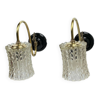 Large pair of old brass gooseneck glass globe wall lights LAMP-7170