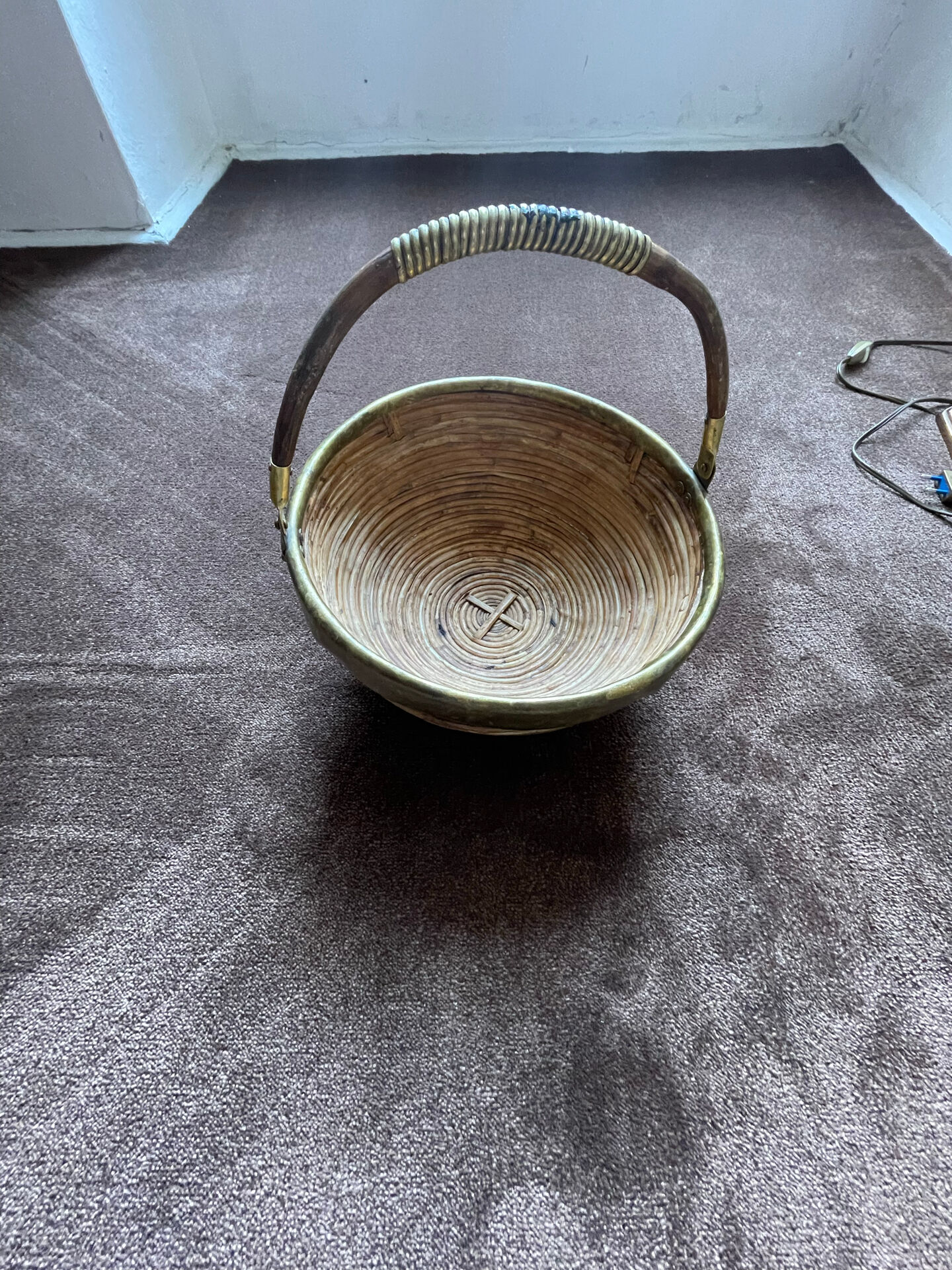 Vintage rattan and brass basket