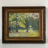 Gouache drawing representing a clearing on the edge of a forest or a wooded park