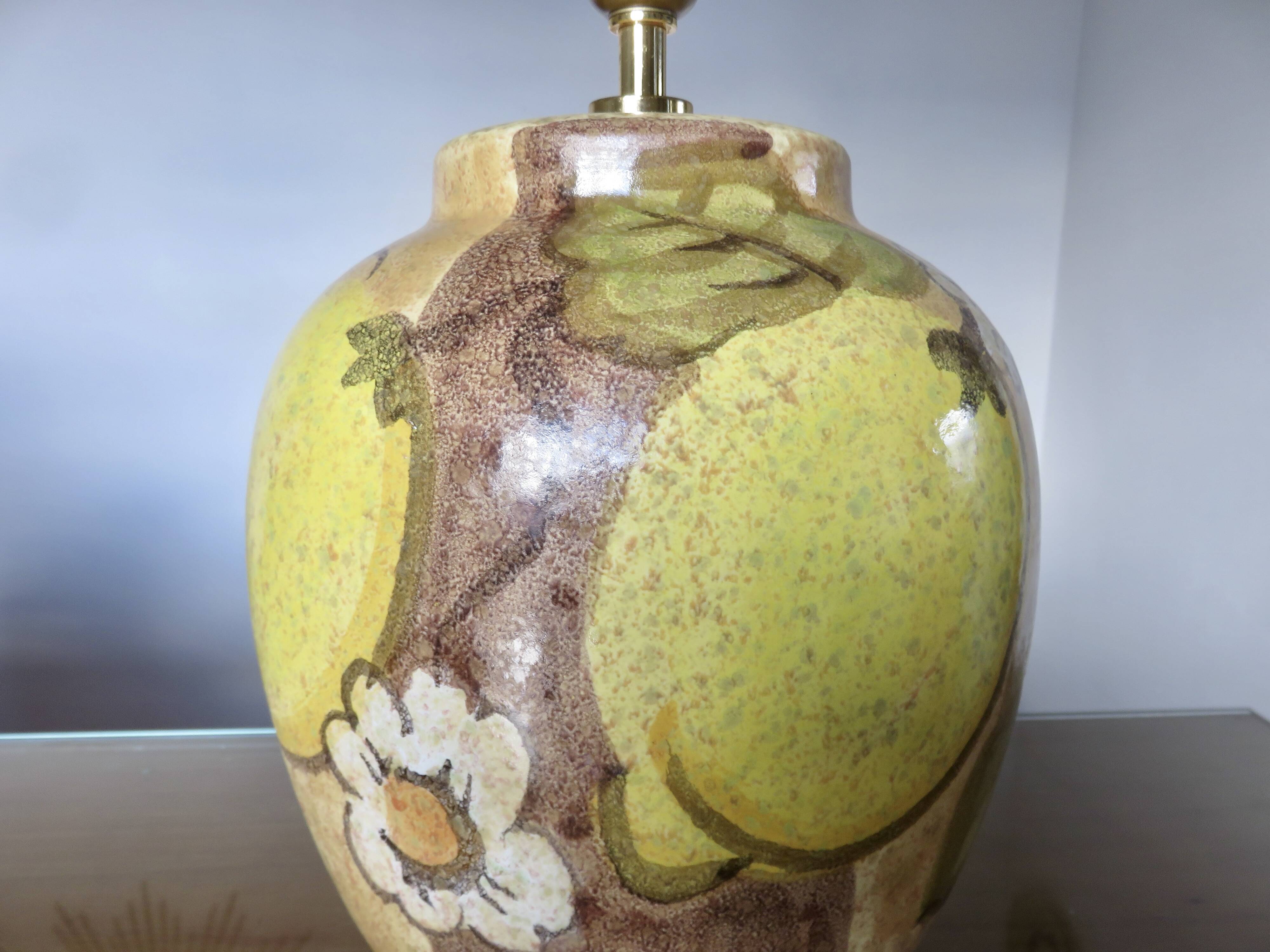 Hubert Olivier ceramic lamp with floral decoration, 1980.
