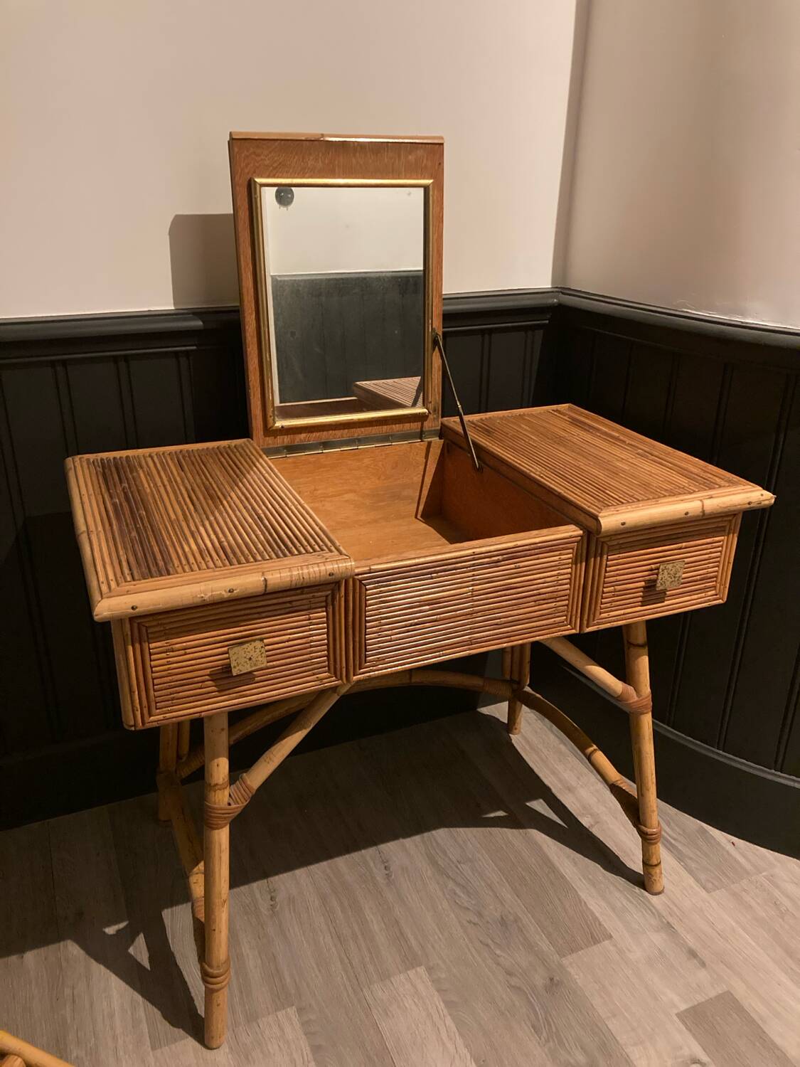 Hairdresser, vintage rattan desk, in the style of Audoux Minet.