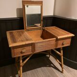 Hairdresser, vintage rattan desk, in the style of Audoux Minet.