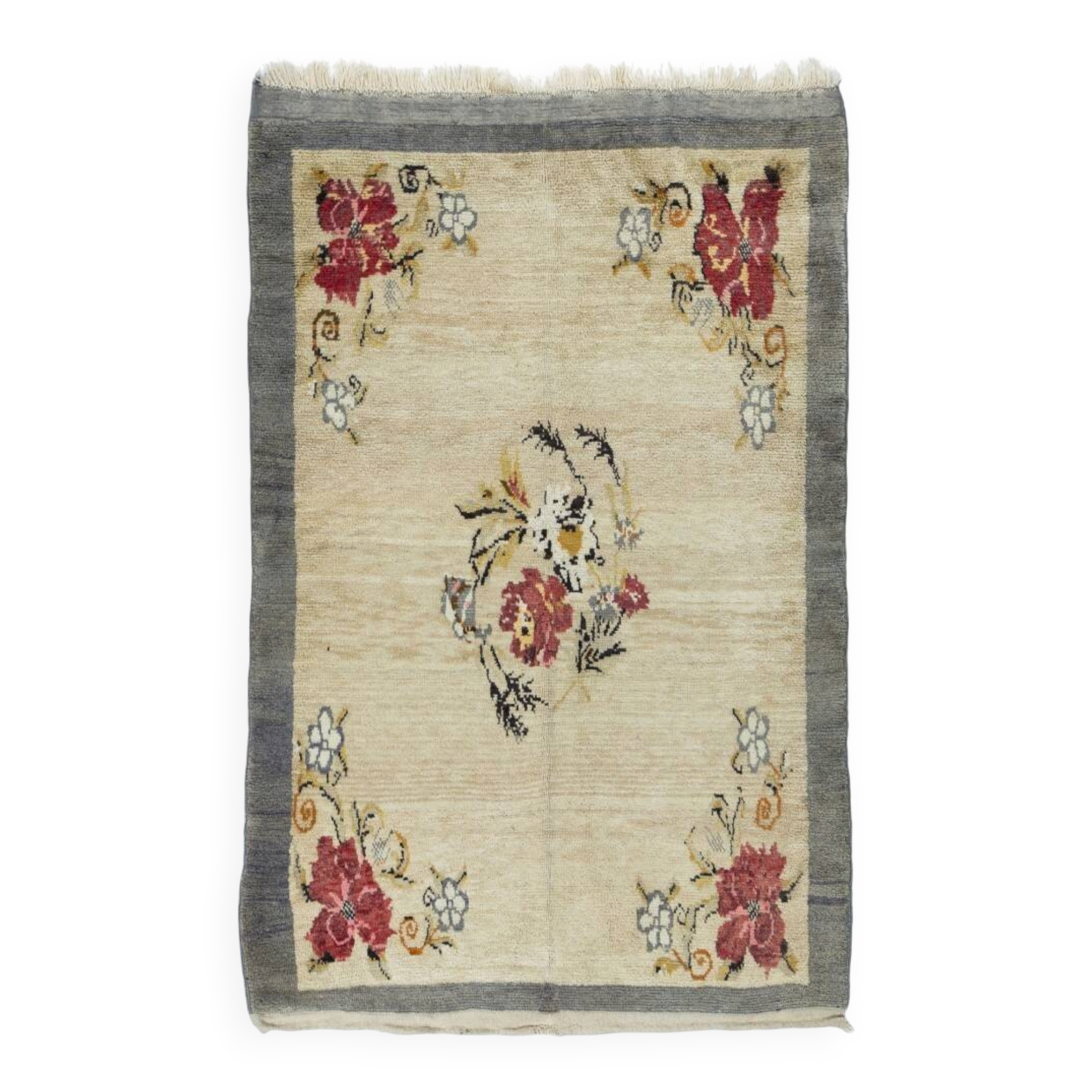 Vintage Hand-Knotted Turkish Tulu Rug with Floral Design in Cream, Gray and Red