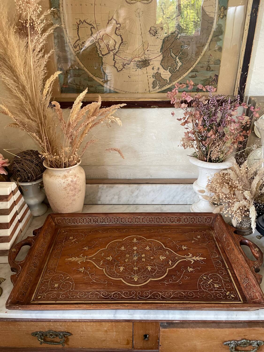 19th century wooden and brass tray
