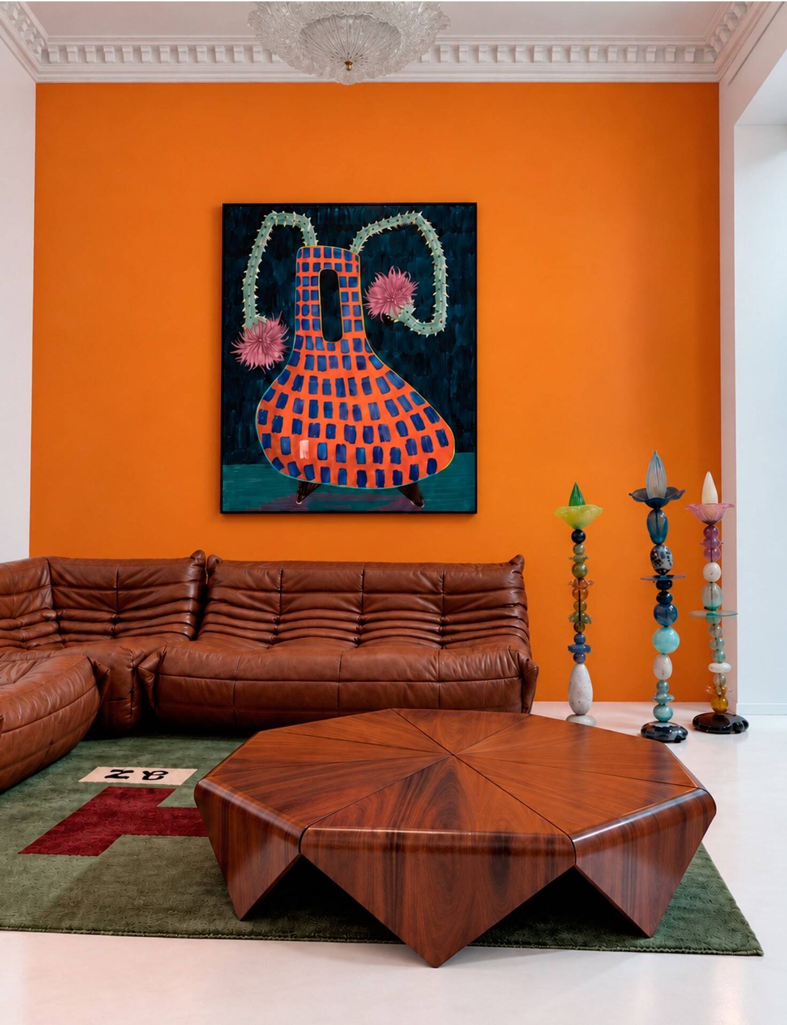 Set of three sculptural multicoloured glass floor lamps in a modernist style.