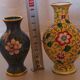 Set of 2 ancient Asian cloisonné vases encircled with brass.
