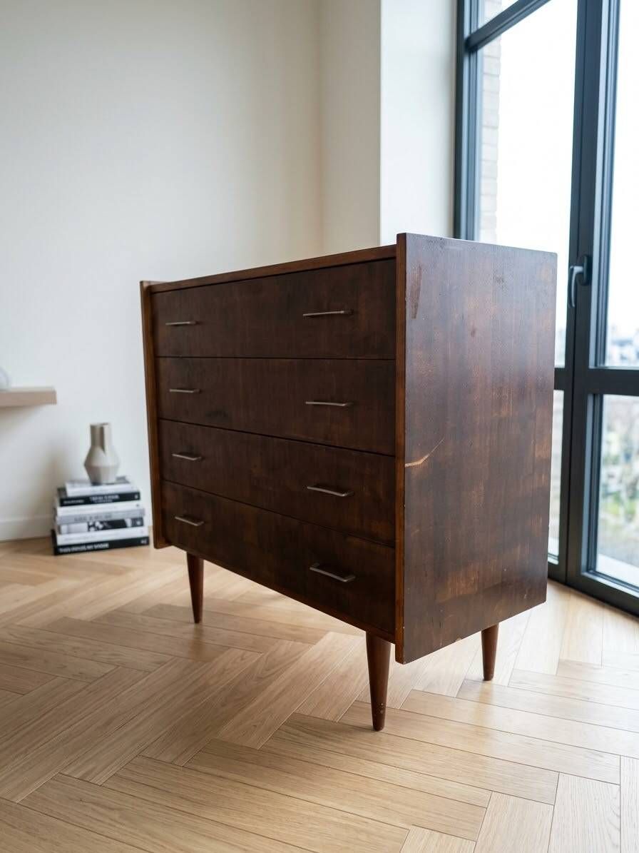 Commode vintage années 70 – 4 tiroirs – style scandinave – bois foncé