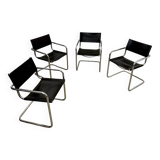 Lot of 4 tubular metal and black leather chairs MG5 Grassi style 70s