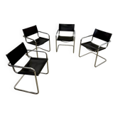 Lot 4 chaises tubulaire métal et cuir noire style MG5 Grassi années 70