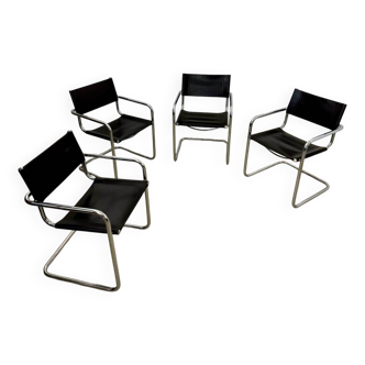 Lot of 4 tubular metal and black leather chairs MG5 Grassi style 70s