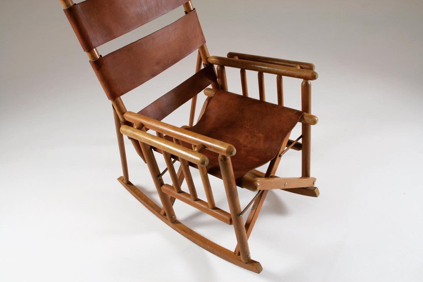 American rocking chair in wood and leather, 1960s