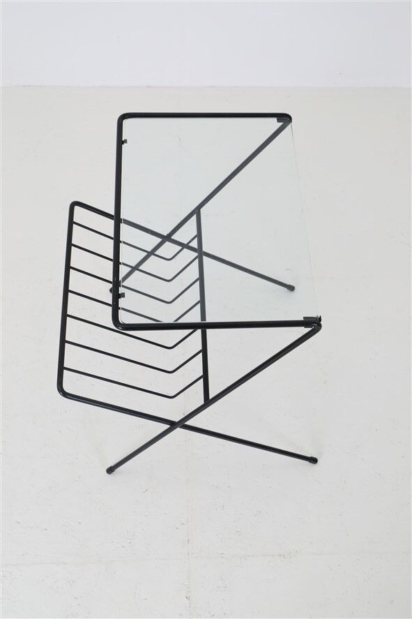Filigree mid-century modern side table with magazine rack / steel / glass / 1960s