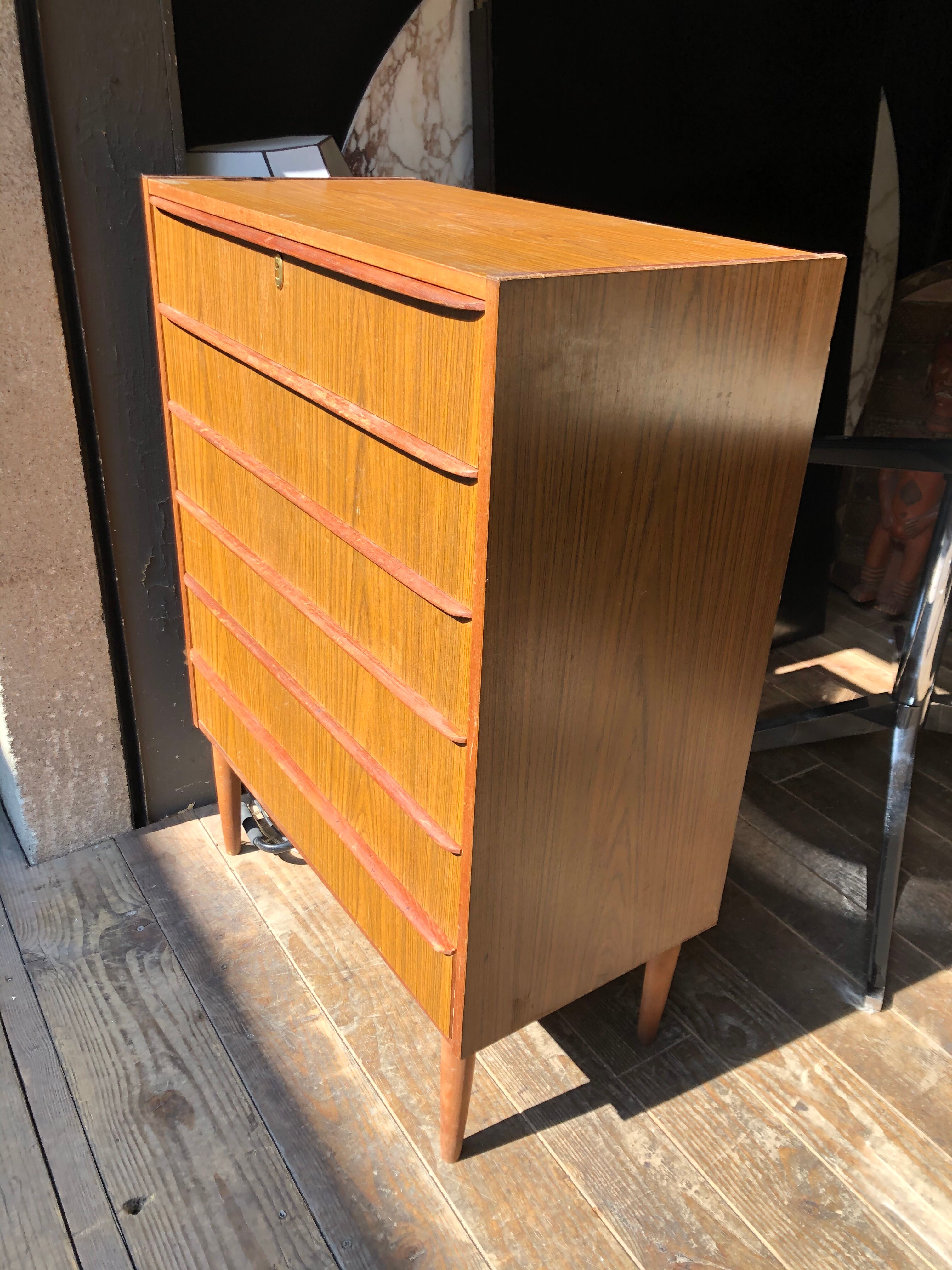 High chest of drawers, Scandinavian style, teak, 6 drawers, 1970
