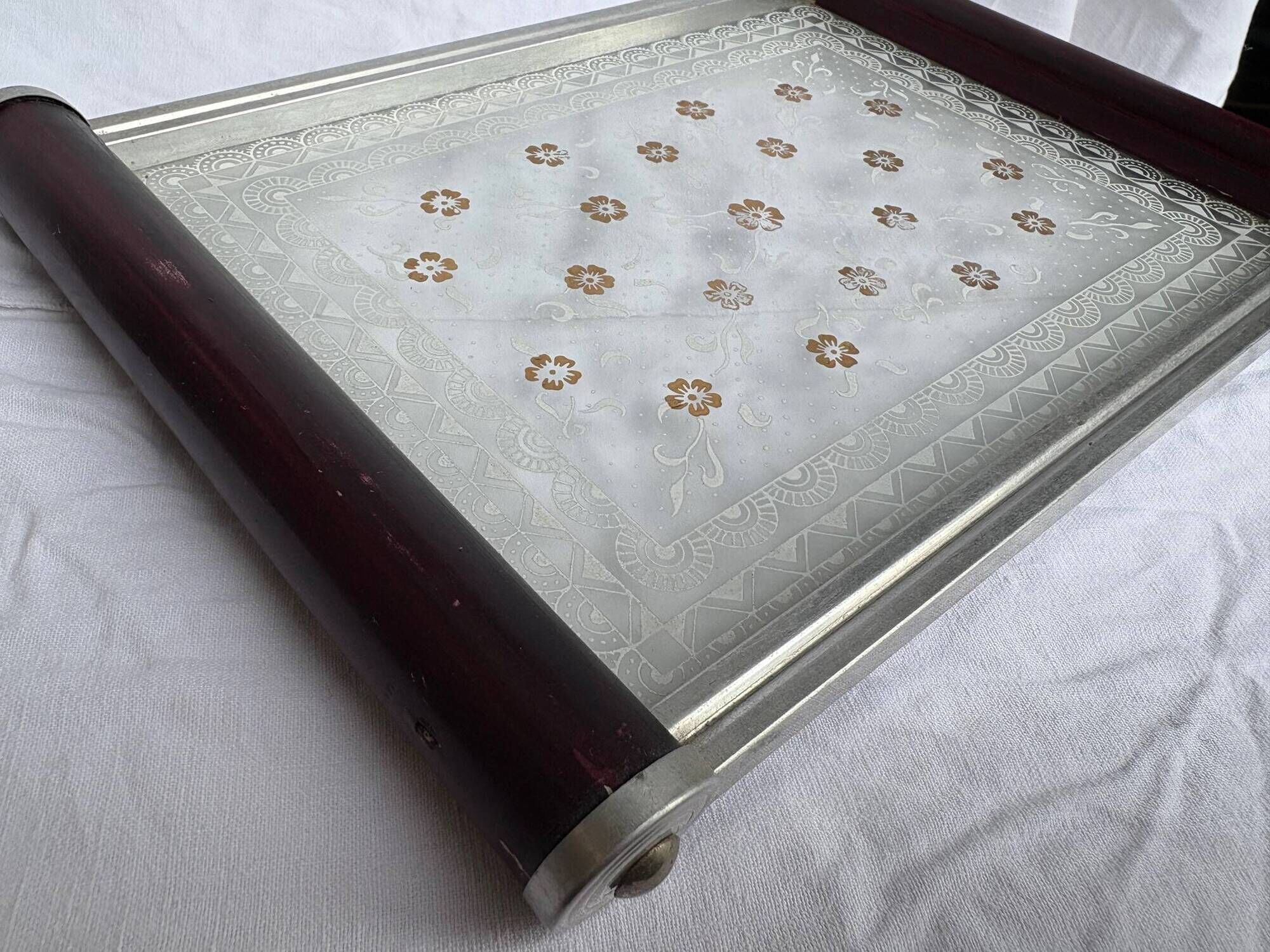 Small Art Deco tray in etched glass and chrome-plated metal – 1930s/40s
