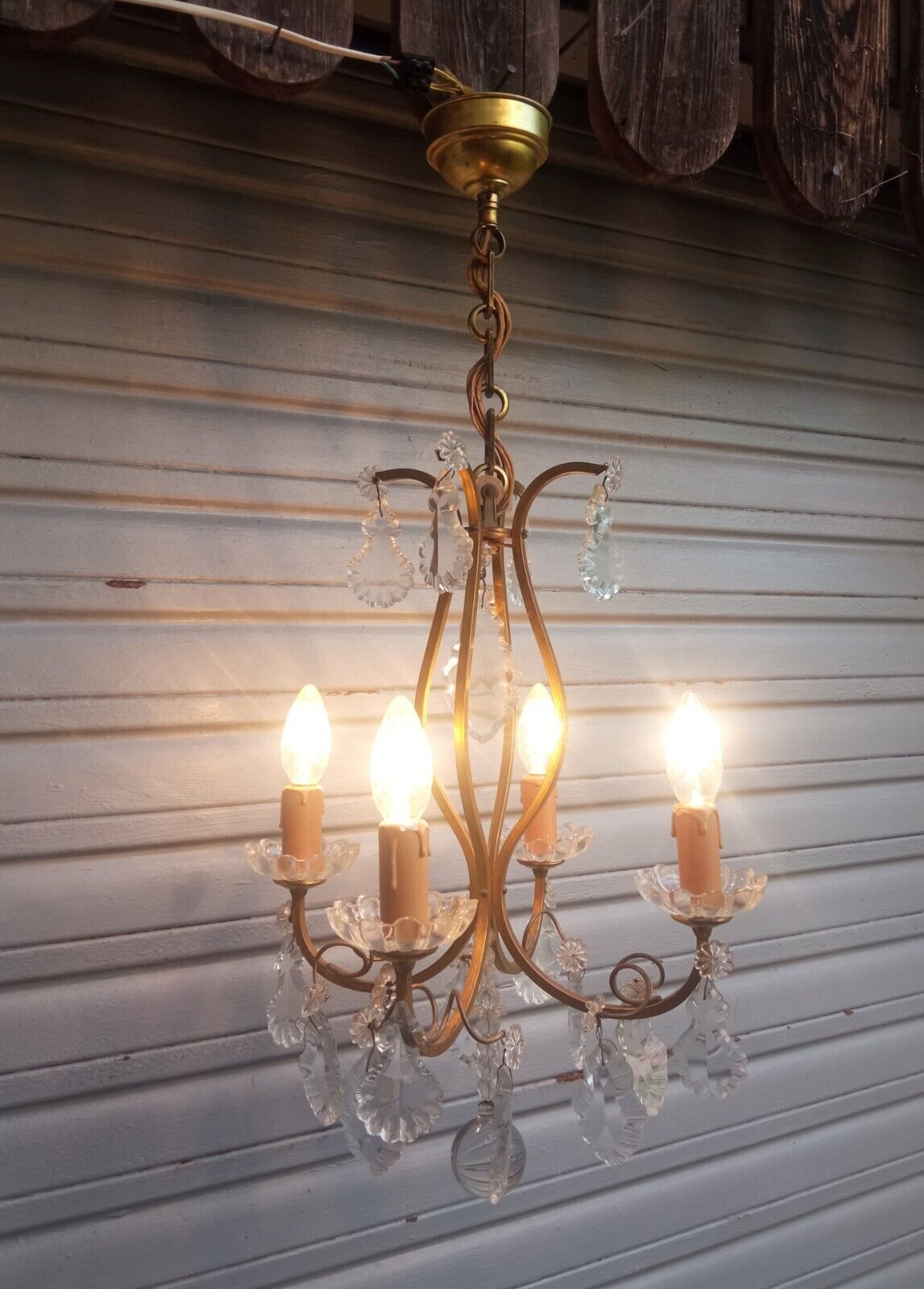 Old 4-light cage chandelier with crystal pendants