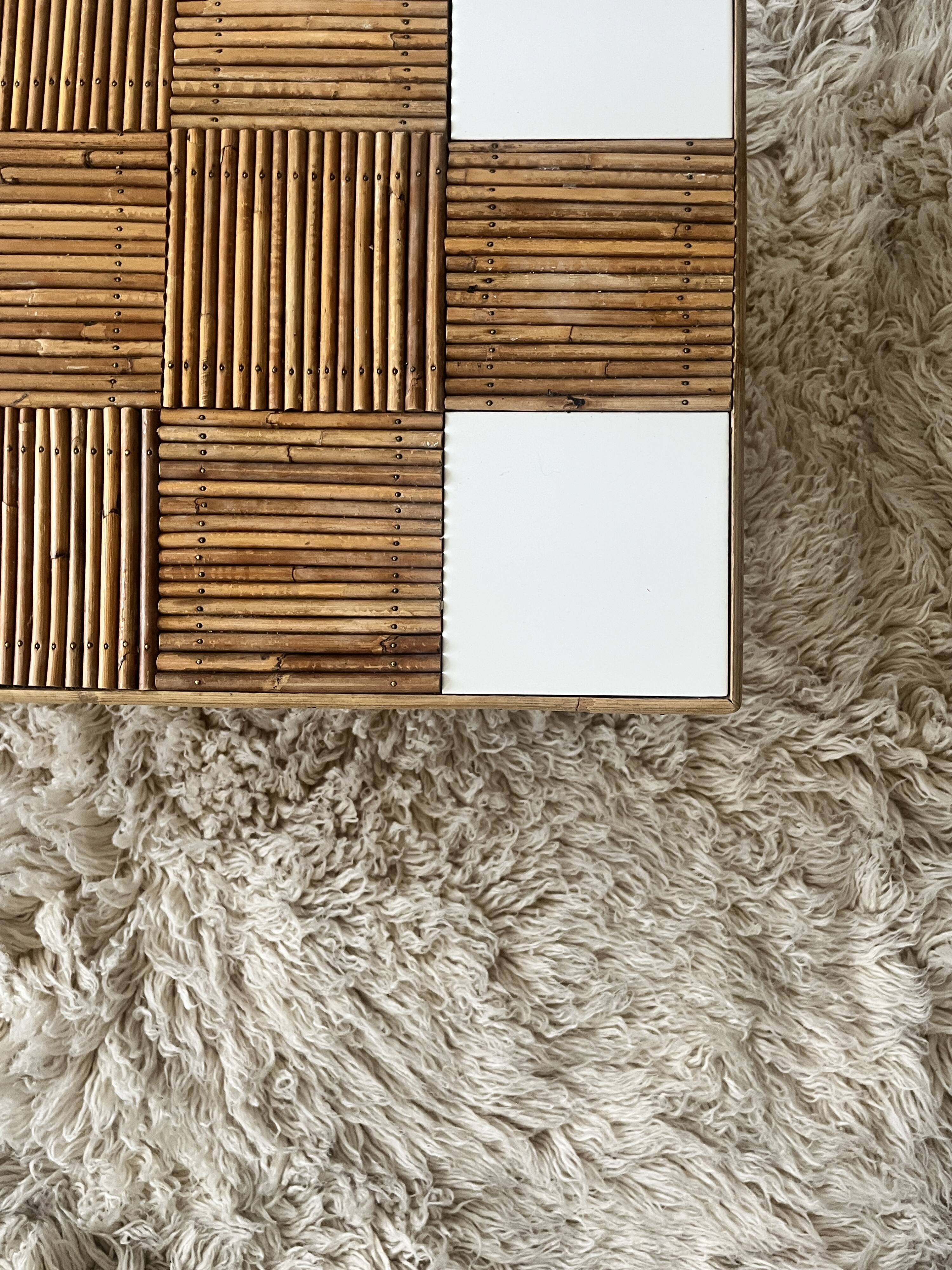 Large coffee table in Audoux style made of bamboo, rattan & ceramic, Italy 1970.