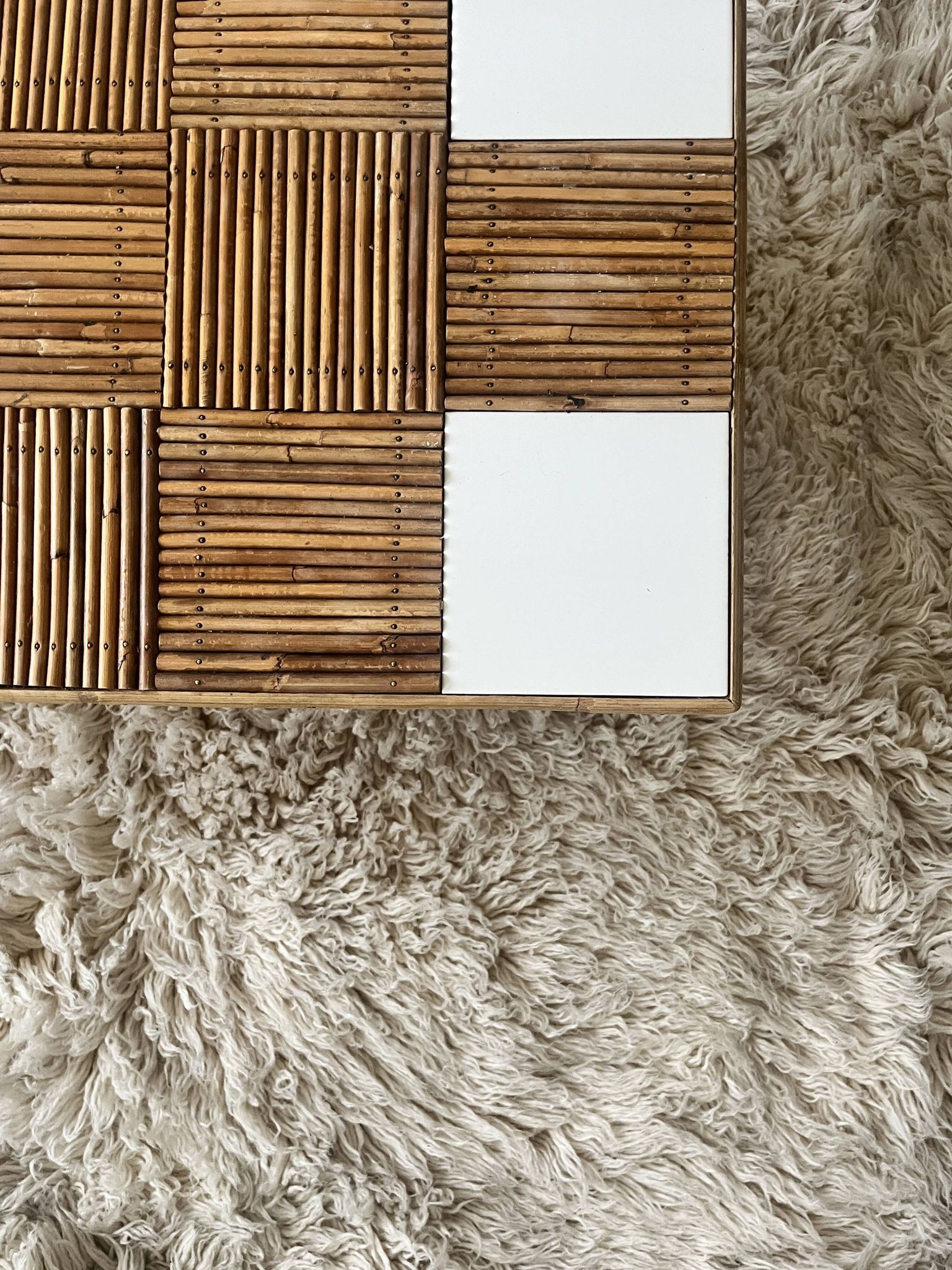 Large coffee table in Audoux style made of bamboo, rattan & ceramic, Italy 1970.