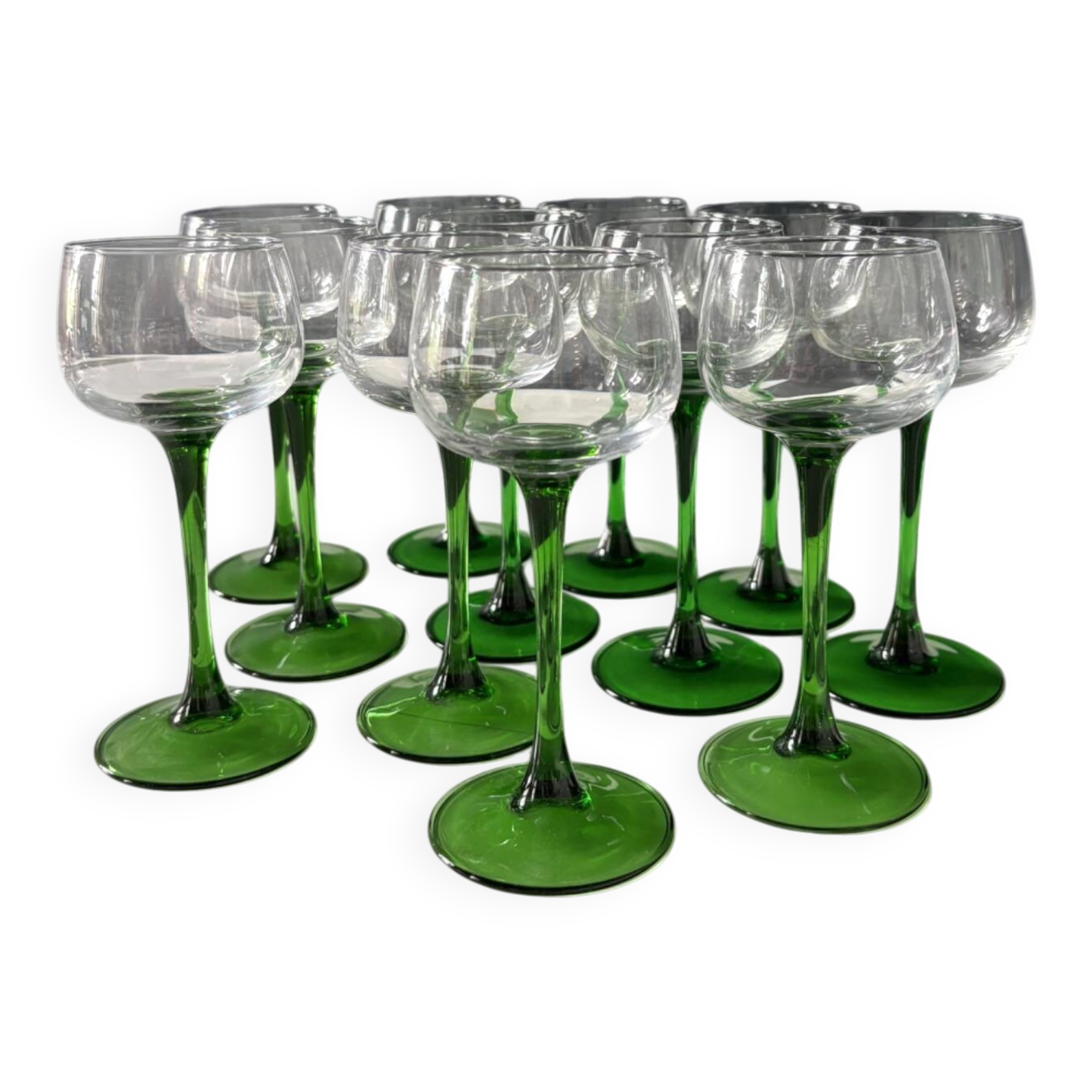 Set of 12 Alsatian Roemer glasses with green stems.
