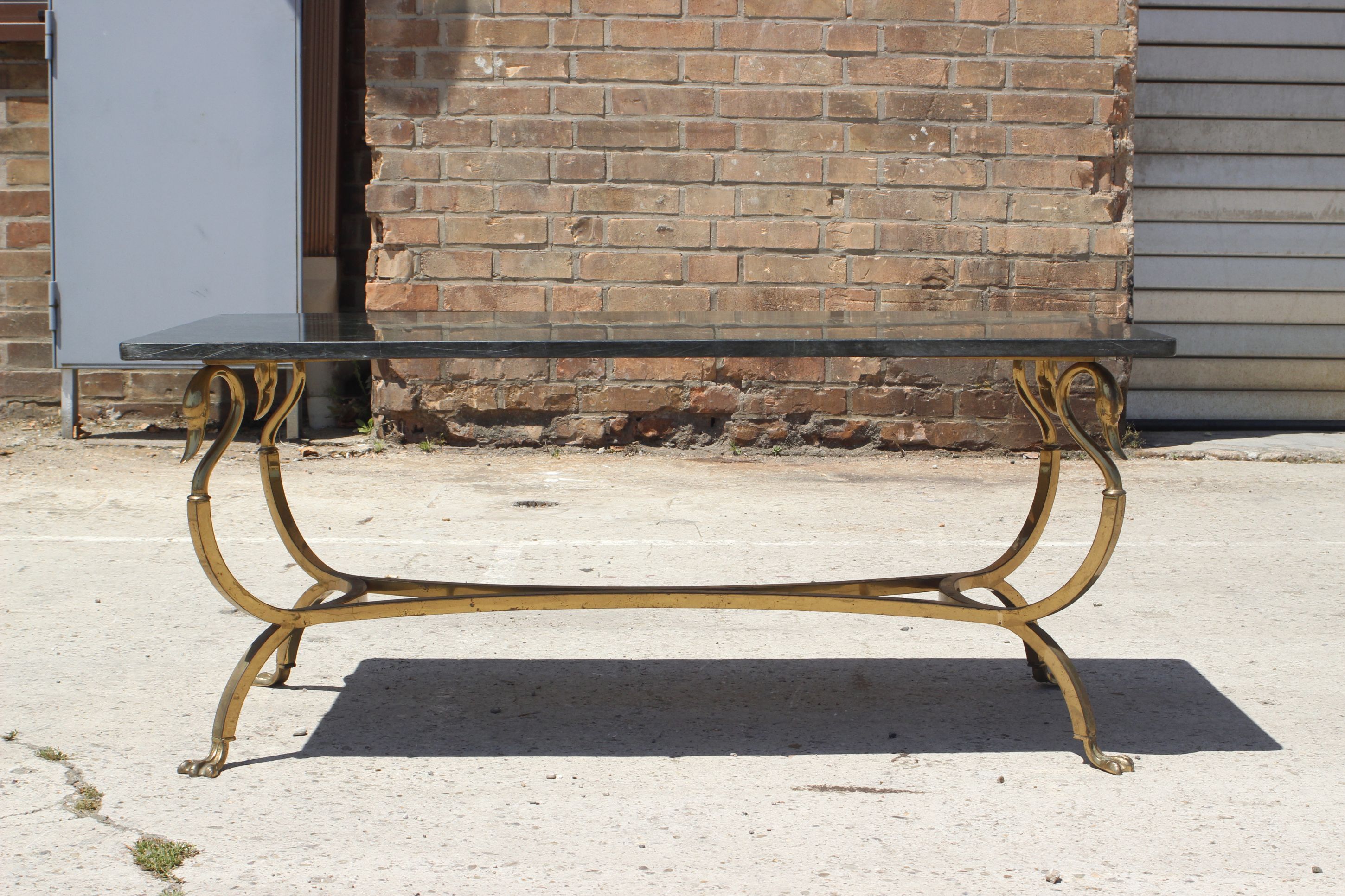Bronze swan low table and pearl green marble 1950s
