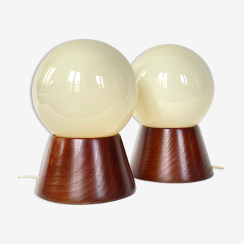 Pair of vintage solid pine bedside lamps, 1970