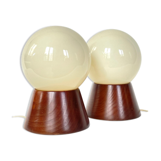 Pair of vintage solid pine bedside lamps, 1970