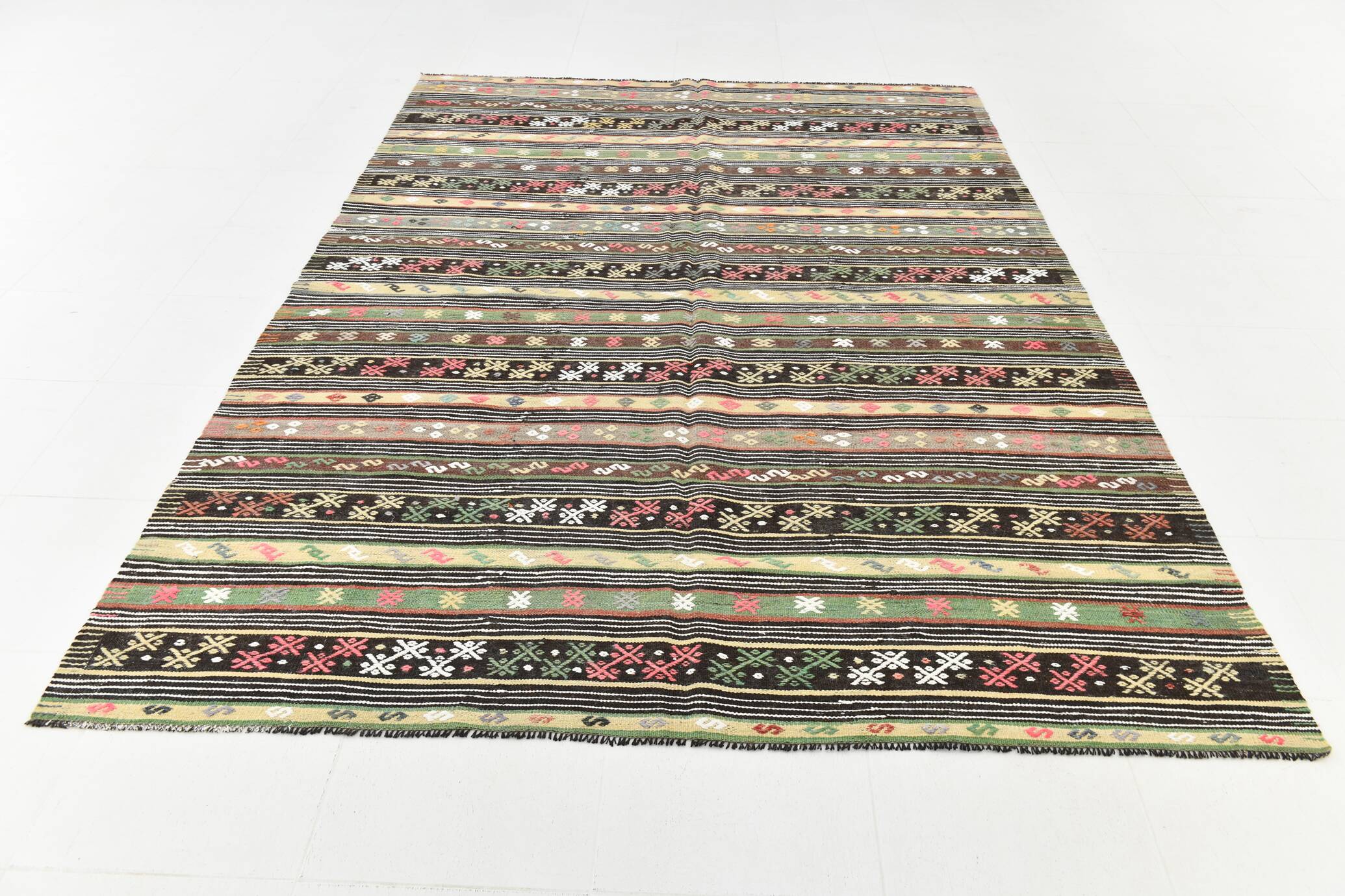 Tapis kilim bohème marron 7x10, motif ethnique, 202x304 cm