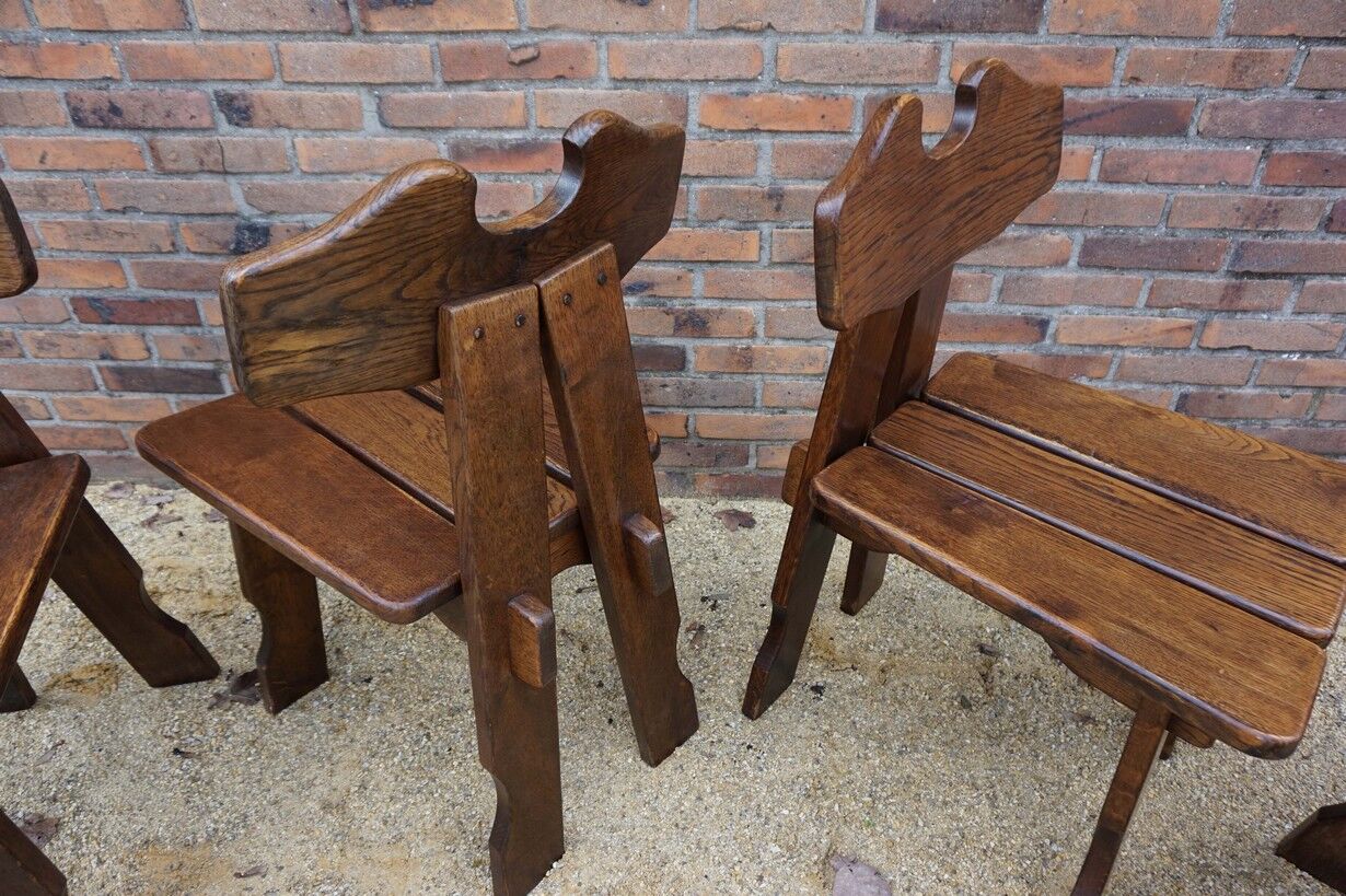 Dutch brutalist solid oak dining chairs, 1970s, set of 4